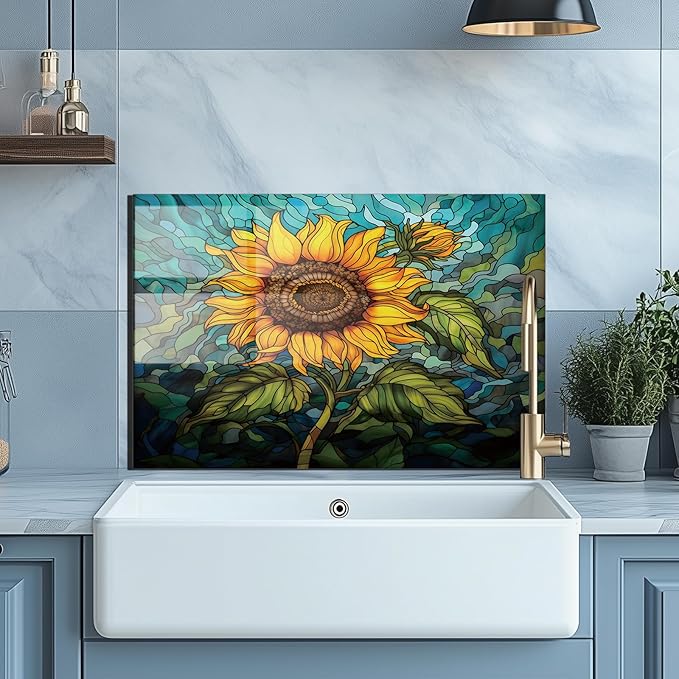 Evgosm Tempered Glass Backsplash for Kitchen， Stove Splashback, sunflower Glass Backsplash, Easy to Install and Clean, Used for Kitchen Wall Protection and Decoration. (30x16'')