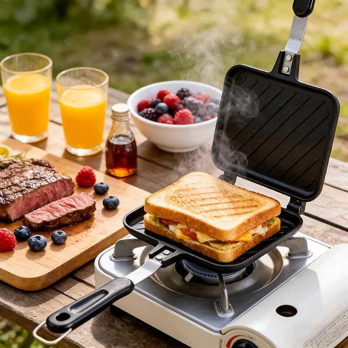 Double Sided Hot Sandwich Maker, Non-Stick Press Frying Flip Pan,Stovetop Toasted Panini Pan For Bread,Pancake,Ideal For Home Kitchen, Camping