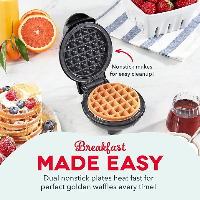 Dash Mini Waffle Maker- Compact Electric Iron for Creative Homemade Treats - PTFE nonstick surface - Easy-to-Clean - Perfect for Kids & Families - Black