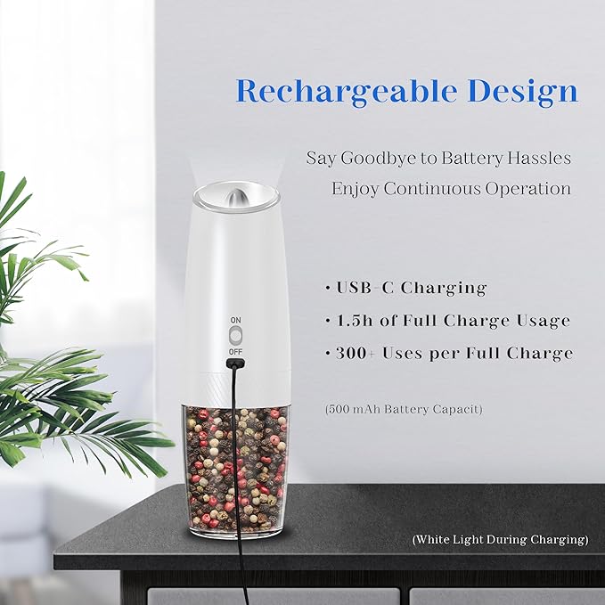 Rechargeable Electric Salt and Pepper Grinder Set, Gravity Activated, Adjustable Coarseness, LED Light, USB Charging, Ceramic Core, 150ml Transparent Hopper, Black + White