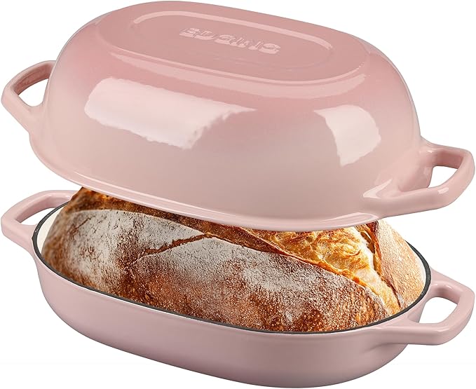 EDGING CASTING Enameled Cast Iron Oval Dutch Oven Pot with Lid, Dutch Oven for Sourdough Bread Baking, Oval Bread Pan, 7qt, Pink