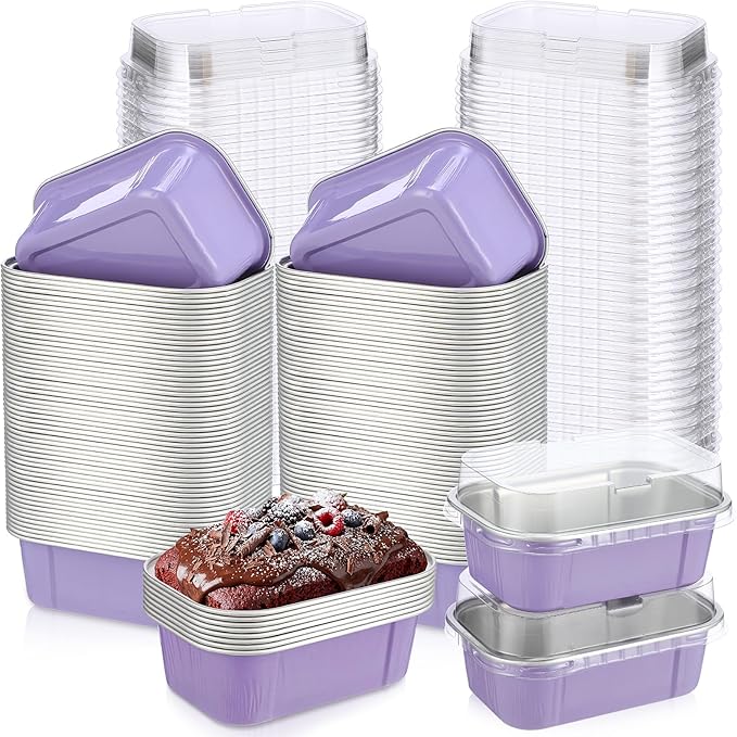 Vesici 100 Sets Mini Loaf Pans with Lids, 5.7 oz Disposable Aluminum Foil Baking Cups, Rectangle Cake Pans for Pudding Desserts Muffin Baking Storage Valentines Wedding Birthday Party(Purple)