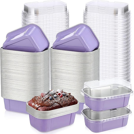 Vesici 100 Sets Mini Loaf Pans with Lids, 5.7 oz Disposable Aluminum Foil Baking Cups, Rectangle Cake Pans for Pudding Desserts Muffin Baking Storage Valentines Wedding Birthday Party(Purple)