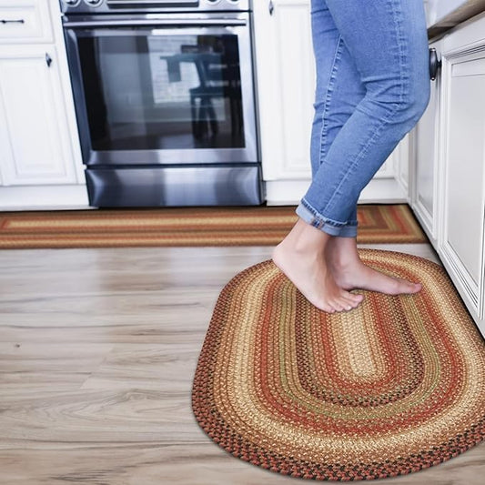 Homespice Gingerbread Jute Braided Rug 27x45in Oval Brown-Red-Black Natural Jute Rug. Uses- Indoor Entryway, Kitchen Rug, Bedroom Doorway Reversible, Rustic, Country, Primitive, Farmhouse Decor