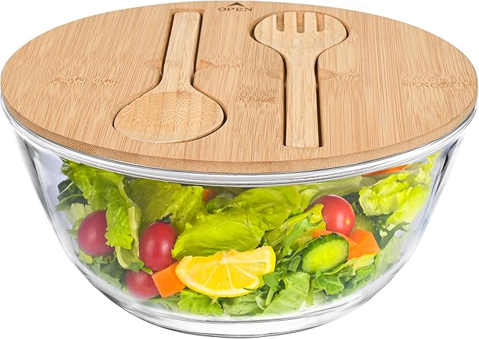 LOVYANXUE 10.6" Glass Salad Bowl with Sealed Lid, 4.7 Quart Large Capacity Serving and Mixing Bowls with Utensils, Versatile Serving Dish for Salads, Trifle, Fruits, Pasta, Microwave Safe