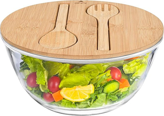 LOVYANXUE 10.6" Glass Salad Bowl with Sealed Lid, 4.7 Quart Large Capacity Serving and Mixing Bowls with Utensils, Versatile Serving Dish for Salads, Trifle, Fruits, Pasta, Microwave Safe