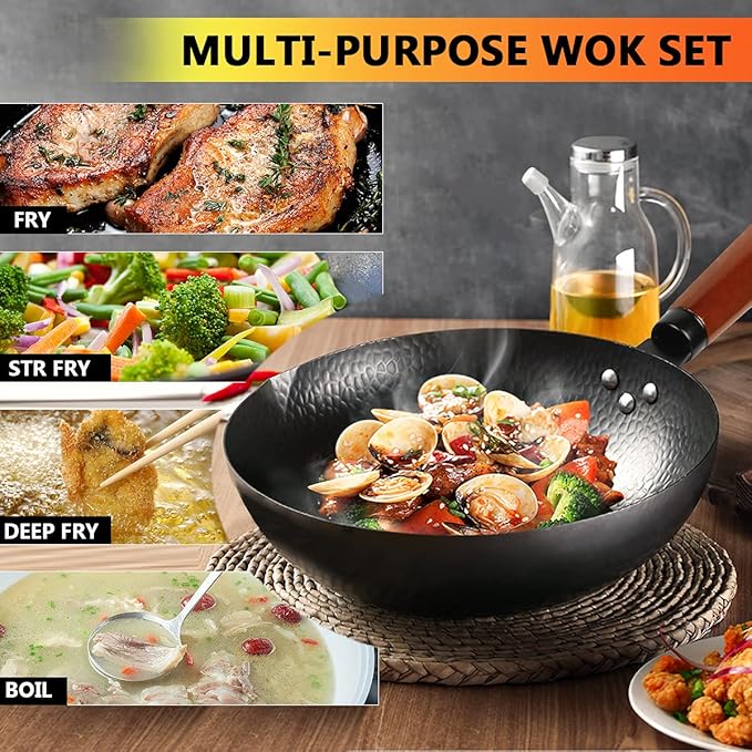 kaqinu Carbon Steel Wok Pan, 14 Piece Woks & Stir-Fry Pans Set with Wooden Lid Cookwares, No Chemical Coated Flat Bottom Chinese Pan for Induction, Electric, Gas, Halogen All Stoves - 12.6''