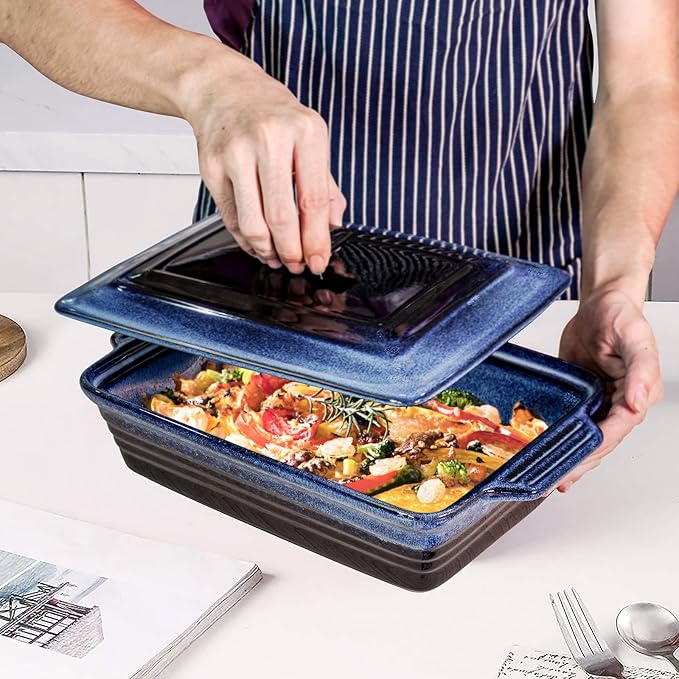 UNICASA Casserole Baking Dish with Lid - Ceramic Blue Lasagna Pan 3.2 Quart, Large Covered Bakeware Set 9x13 for Cooking, Stoneware Bakers Microwave Oven Safe - Reactive Glaze Blue