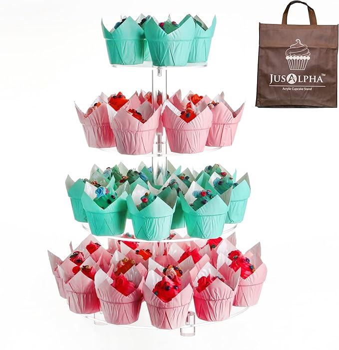 Jusalpha® Large 4 Tier Acrylic Glass Round Cake Stand-cupcake Stand- Dessert Stand-Tea Party Serving Platter-Candy Bar Party Décor, With Rod Feet 4RF-12