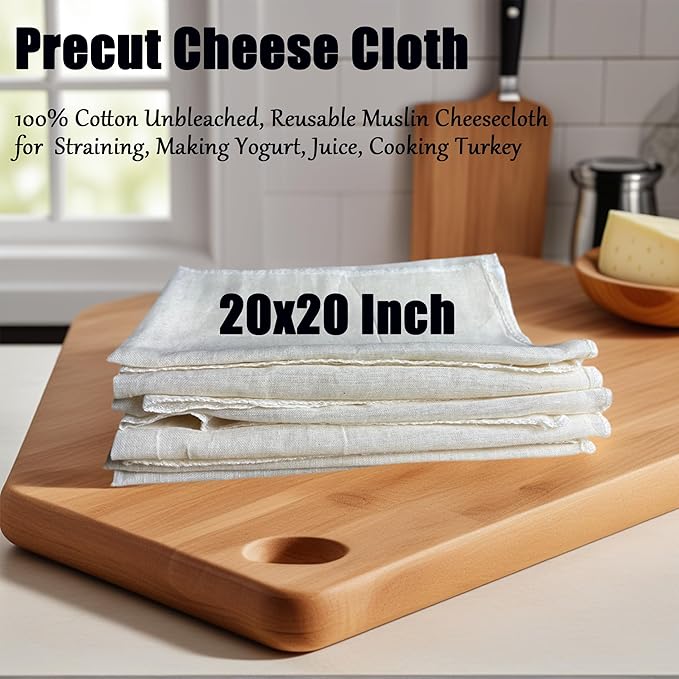 Precut Cheesecloth, 20x20 Inch Grade 100 Cotton, 6 Pack Unbleached Muslin Straining Cloth for Cooking, Juicing, Cheese Making- Food Strainers