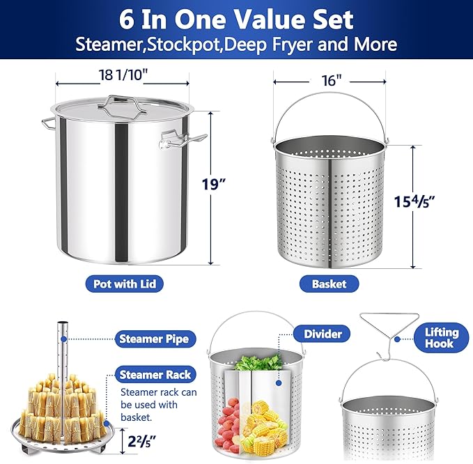 ARC 84-QT Large Stainless Steel Stockpot for Seafood Boiler Crawfish Pot with Basket and Steamer Rack, Outdoor Cooking Pot for Crab Lobster Shrimp Boiling, and Tamales Steamer,20 Gal
