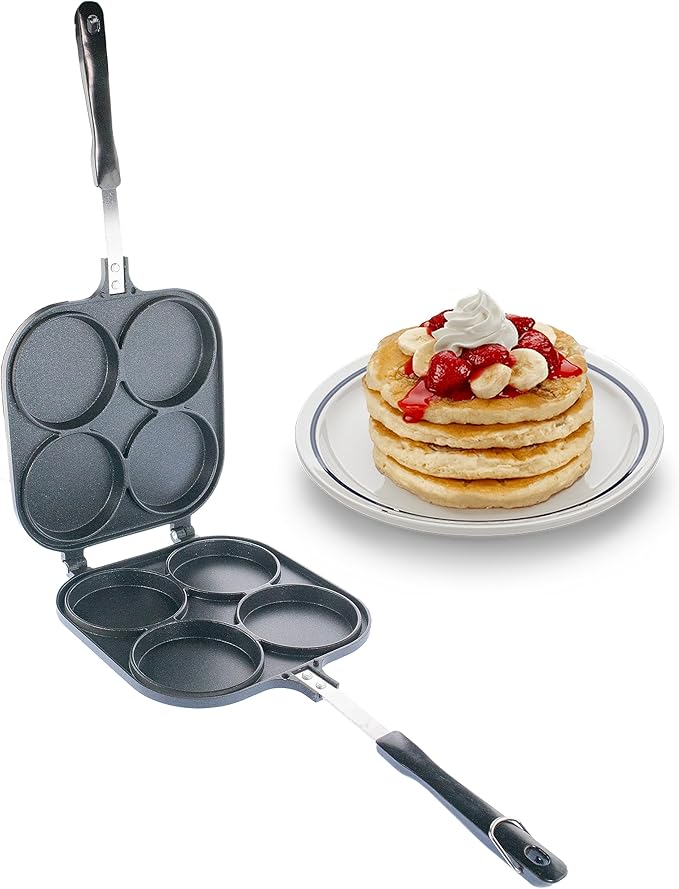 5 STAR SUPER DEALS Pancake Pan Maker Nonstick Double Sided w/ 4 Small Round Mold Designs for Perfect Eggs, French Toast, Omelette, Flip Jack, and Crepes