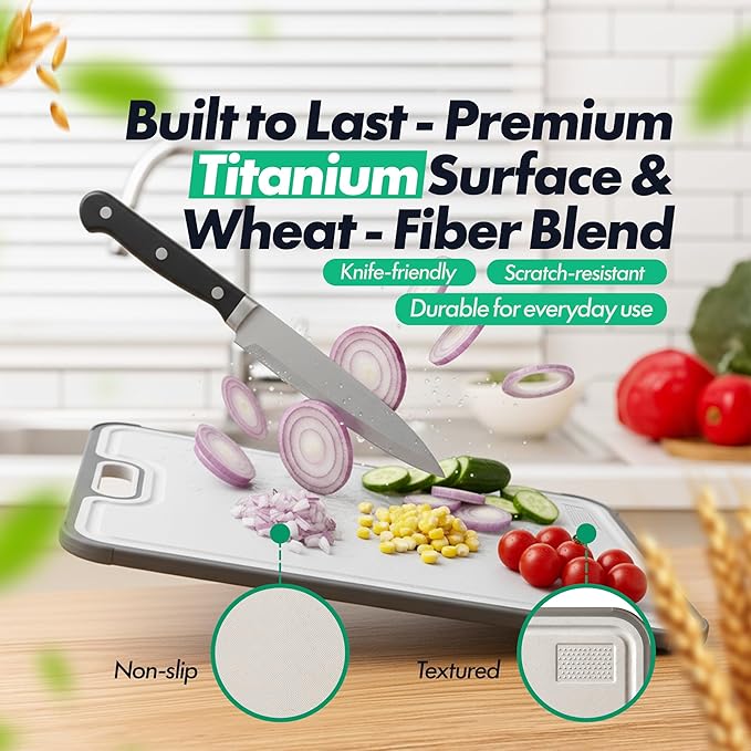 Titanium Cutting Board 16"x11" – Double-Sided, Non-Porous Kitchen Prep Board with Juice Groove & Built-In Garlic Grater, Knife-Friendly & Easy to Clean