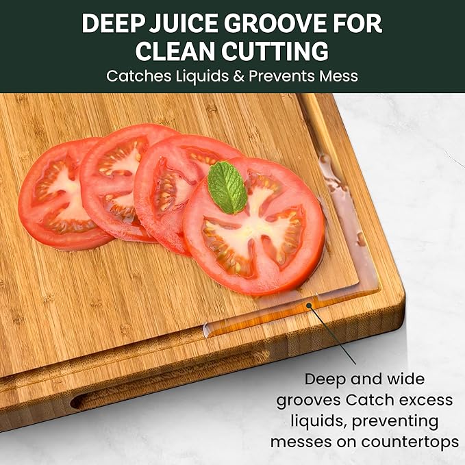 Bamboo Cutting Board for Kitchen - 16" Wooden Cutting Board with Side Handles, Deep Juice Groove, Heavy Duty Chopping Board & Serving Tray, Large Reversible Charcuterie & Cheese Board for Meat Serving