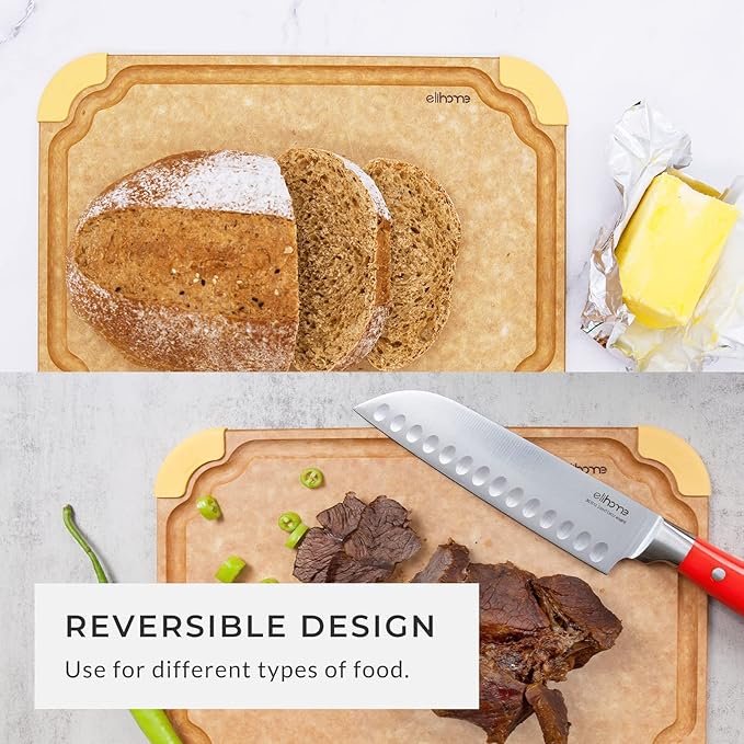 Elihome Premium Series Color Code Wood Fiber Dishwasher Safe Cutting board for Kitchen, Made in USA, Food Icon, Juice Grooves, Non-Porous, Non-slip Feet, Medium 13" x 10"