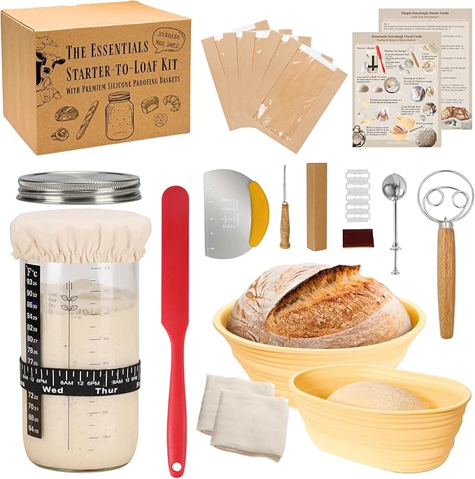 JoeCo Sourdough Starter Kit, Complete Starter-To-Loaf Set with Instructions, Sourdough Starter Jar, Silicone Proofing Baskets, Danish Dough Whisk, Dough Scraper, Bread Lame & Sourdough Baking Supplies