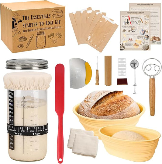 JoeCo Sourdough Starter Kit, Complete Starter-To-Loaf Set with Instructions, Sourdough Starter Jar, Silicone Proofing Baskets, Danish Dough Whisk, Dough Scraper, Bread Lame & Sourdough Baking Supplies