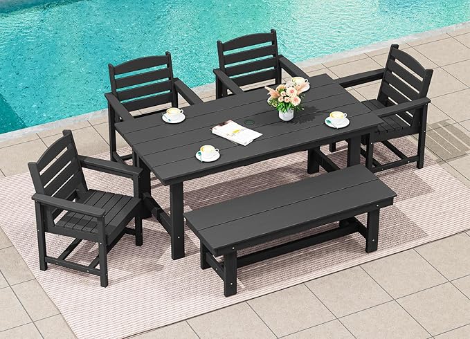 SERWALL Patio Dining Table and Bench Set for 6, Black