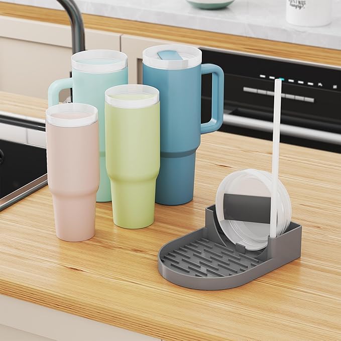 NiHome Silicone Water Bottle Drying Rack Compatible with Stanley Tumblers 20-40oz, YETI,Mugs, Wine Glasses, Compact Portable Cup Dryer Stand with Anti-Slip Base for Countertops, RVs & Travel (Gray)