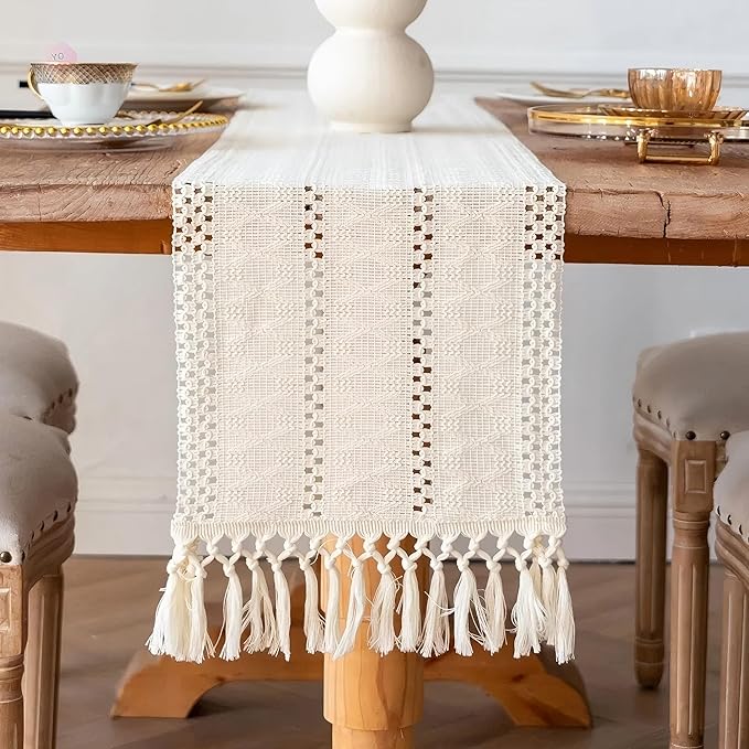 Macrame Table Runner Cream Beige Boho Table Runners with Tassels 48 Inches Long, Rustic Farmhouse Table Runners for Living Room Bridal Shower(12x48in)