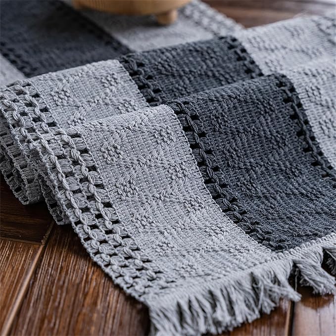 Alynsehom Macrame Table Runner Grey Boho Table Runners with Tassels Hand Woven Cotton Table Runner Rustic Farmhouse Table Runners for Bohemian Kitchen Dining Table(12x36in)