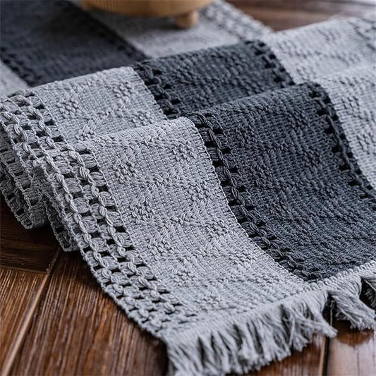 Alynsehom Macrame Table Runner Grey Boho Table Runners with Tassels Hand Woven Cotton Table Runner Rustic Farmhouse Table Runners for Bohemian Kitchen Dining Table(12x36in)