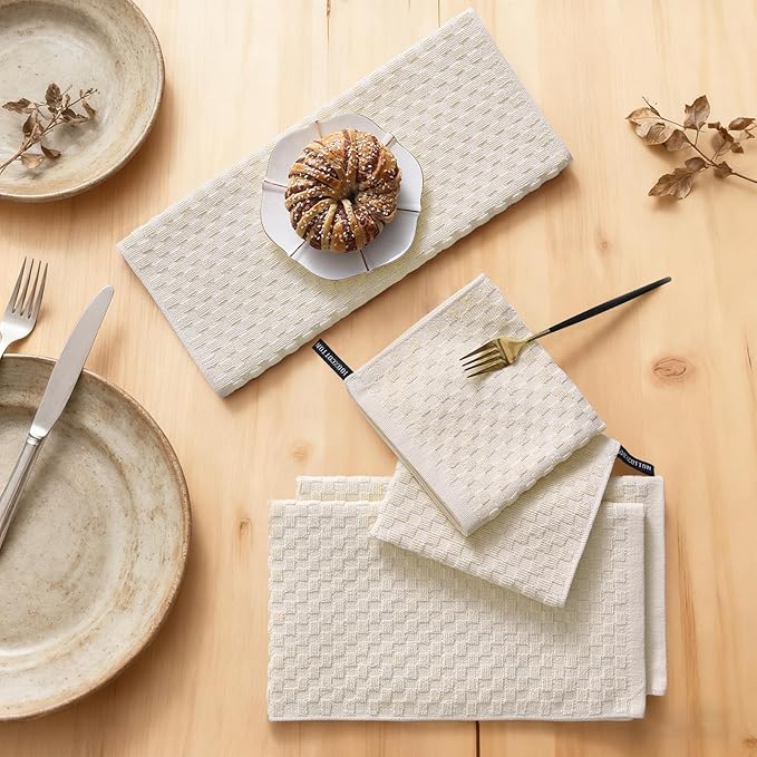 Homaxy 100% Cotton Kitchen Towels and Dishcloths Set, 12 x 12 & 15 x 25 Inches, Set of 8 Bulk Terry Cloth Dish Towels, Super Soft and Absorbent Hand Towel with Hanging Loop, Beige