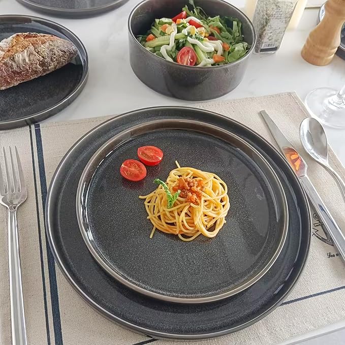Stoneware Dinnerware Sets, Plates and Bowls Set for 4, 12-Piece Modern Stoneware Dinnerware – Chip Resistant, Non-Toxic, Dishwasher and Microwave Safe Tableware，Glossy Black
