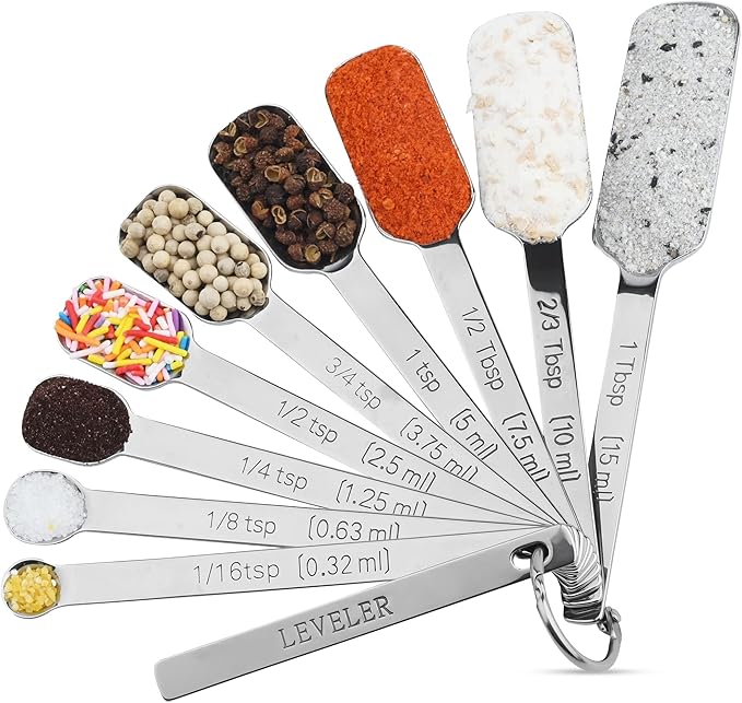 Measuring Spoons Set 10, 18/8 Stainless Steel Measuring Spoons for Kitchen & Baking, Long Handle Metric & US Metal Measure Spoon with 1/16tsp, 3/3tsp, 2/3tbsp for Spice Jar