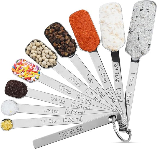 Measuring Spoons Set 10, 18/8 Stainless Steel Measuring Spoons for Kitchen & Baking, Long Handle Metric & US Metal Measure Spoon with 1/16tsp, 3/3tsp, 2/3tbsp for Spice Jar