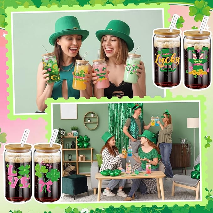 6 Pcs St Patrick's Day Glass Cups Shamrock Tumbler with Lids and Straws 16 oz Irish Lucky Clover Reusable Can Shaped Drinking Glasses Bulk for St Patrick's Day Party Supplies