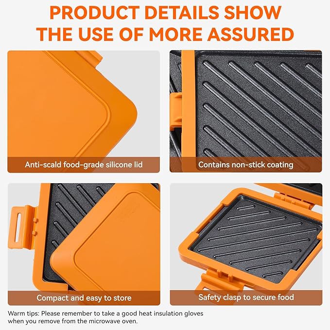 Microwave Toastie Sandwich Maker, Nonstick Plate Panini Maker, Versatile Wireless Small Toaster, Toastie Safe in Microwave Oven, Dishwasher Safe, Fast Cooking for Breakfast, Snacks, Orange