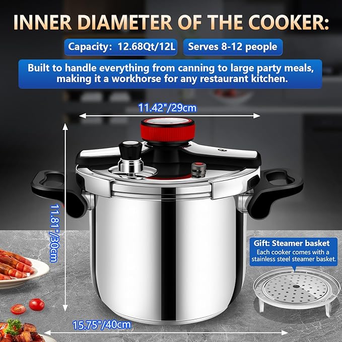 12.68qt, Stainless Steel Pressure Cooker, One-Hand Locking, Thickened Pressure Cooker with Spring Valve Safeguard Devices ，stainless steel pressure cookers 12+qt,ollas de presión para cocinar;