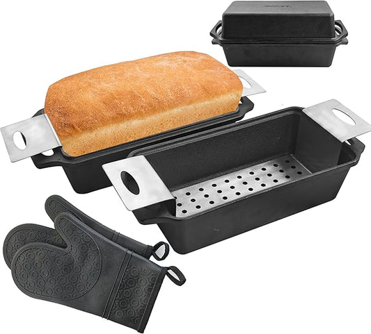 9x4.3 Inch Cast Iron Loaf Pan with Lid - 1.8 QT Durable Loaf Pans Rectangular Baking Pan Even Heat Distribution for home baking 2 Piece Set (Stainless steel grill mat 3-Piece set, Small)