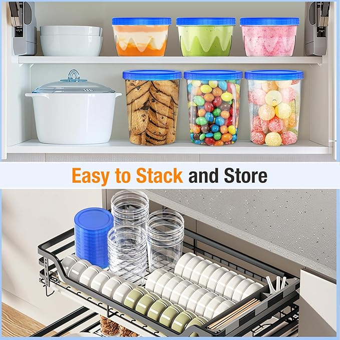 6 Pack-17 Oz & 6 Pack-34 Oz Blue Reusable Freezer Storage Containers [UNIQUE INNOVATIVE DESIGN] Arrow Indicates,Soup Containers for Oats/Salad