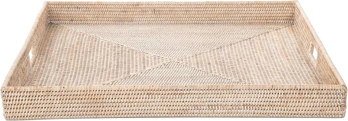 KOUBOO La Jolla Rattan Tray, Square Woven Tray - Decorative Coffee Table, Breakfast Tray, Home Decor, Serving & Basket Style, Extra Large, White-Wash