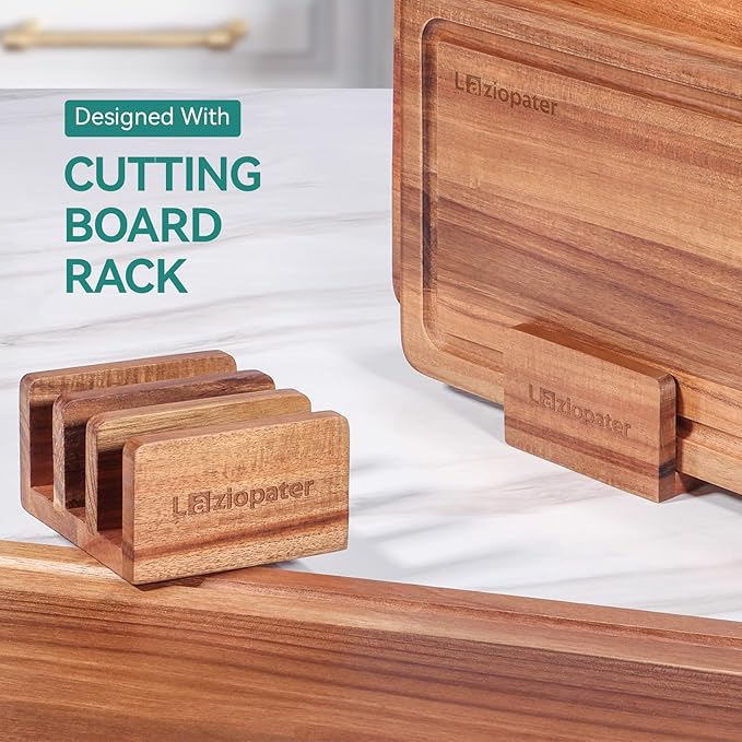 Acacia Wood Cutting Board，Solid Wood Cutting Board for Kitchen with Holder with Deep Juice Grooves & Built-in Handles, Durable Wooden Chopping Board Set of 3 for Meat, Vegetables and Fruits