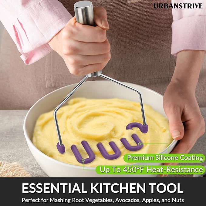 Urbanstrive Non-Scratch Silicone Potato Masher Kitchen Tool, Potatoes Masher Potato Masher Stainless Steel Wrapped In Premium Silicone, Potato Smasher, Purple