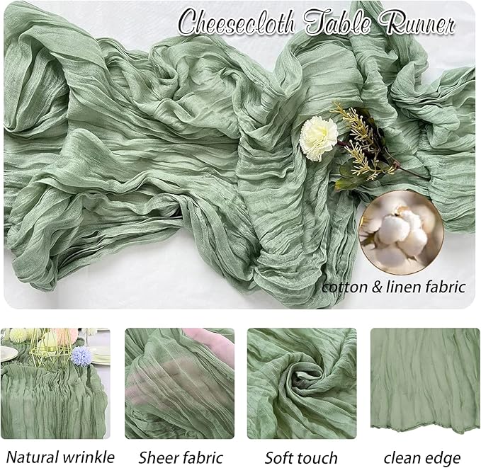 Sage Green Cheesecloth Table Runner, 6 Pack 35" Boho Gauze Runner 120 inches Long Sheer Rustic Table Runner Fabric Bulk for Baby Shower Wedding Bridal Birthday Party Table Decorations