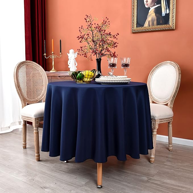 MEANMOY Navy Blue 210 GSM Water & Stain Resistant Round Tablecloth for Circle Table - Solid 60 Inch Table Cloth Cover in Wrinkle Free Durable Washable Polyester Fabric for Wedding, Party, Banquet