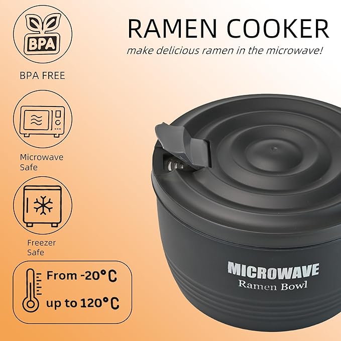 Layron 2 Sets Microwave Ramen Cooker Bowl 45 oz Instant Noodle Bowl with Handles Ramen Noodle Cooker with Spoon Chopsticks Fork Knife College Dorm Room Essentials for Boys Girls (Black, Black)