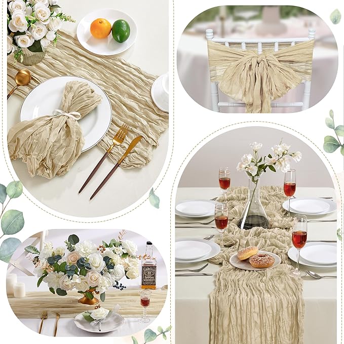 6 Pack Beige Valentine's Day Cheesecloth Table Runner 10FT Long Boho Gauze Table Runner Rustic Sheer Runner for Wedding Bridal Baby Shower Birthday Party Table Decor Home Easter Decor