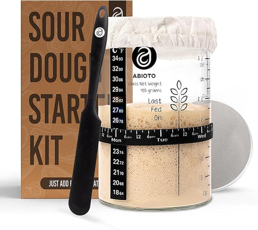Sourdough Starter Jar Kit, Includes 34 oz Sourdough Starter Jar with Metallic Lid, Silicone Spatula, Feeding Tracker, Extra Thermometer Strips & Breathable Covers – Sourdough Bread Starter Kit