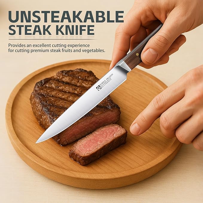 Purple Dragon Steak Knives Set of 8-4.7 Inch Non Serrated Dinner Knife with Square Wooden Handle – Elegant, Balanced, High Carbon German Steel - Christmas Gift for Men and Women