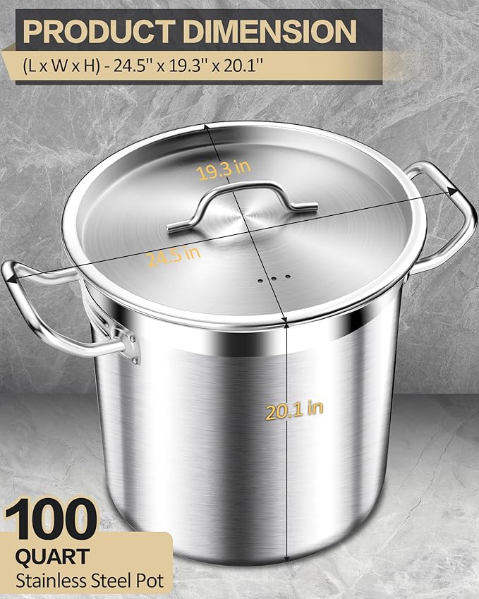 STOCKPOT Extra-Large Stainless Steel Stock Pot – Commercial Heavy Duty Soup Pot with Lid, 3-Ply Base for Fast Heating, Ideal for Seafood Boils and Outdoor Cooking - 100 Quart