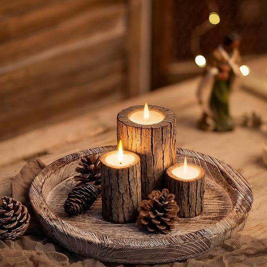Hanobe Candle Plate Holder Tray: Round Wooden Decorative Candle Plate Small Farmhouse Table Centerpiece Rustic Whitewash Wood Tealight Pillar Trays for Christmas Wedding Halloween Home Decor