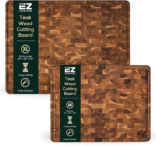 Combo 2 Teak Wood Cutting Board (Extra Large & Medium), End Grain with Juice Groove and Handles, Knife Friendly, Reversible, Suitable for Chopping Meat, Vegetables, Aesthetics for The Kitchen