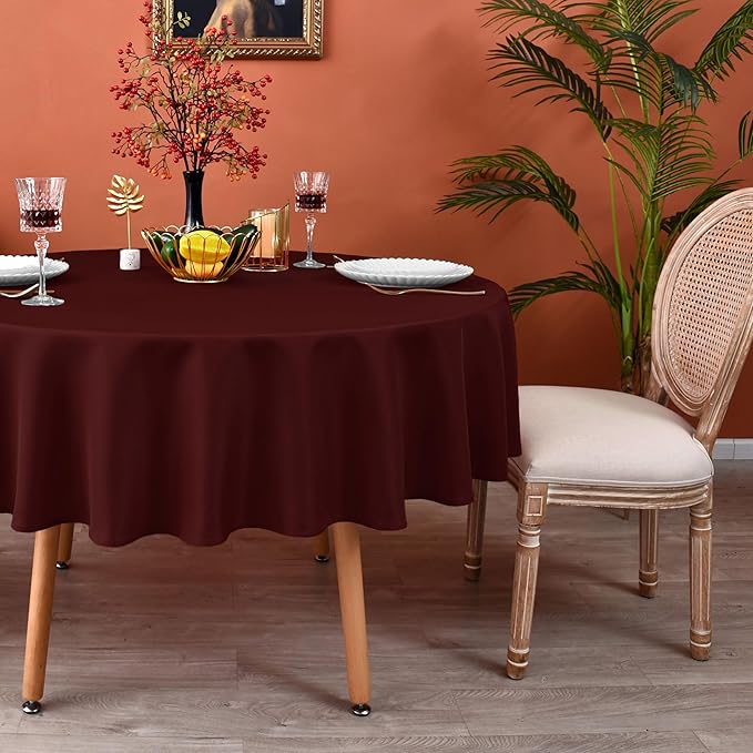 MEANMOY Burgundy 210 GSM Water & Stain Resistant Round Tablecloth for Circle Table - Solid 70 Inch Dark Red Table Cloth Cover in Wrinkle Free Durable Washable Polyester Fabric for Party, Banquet