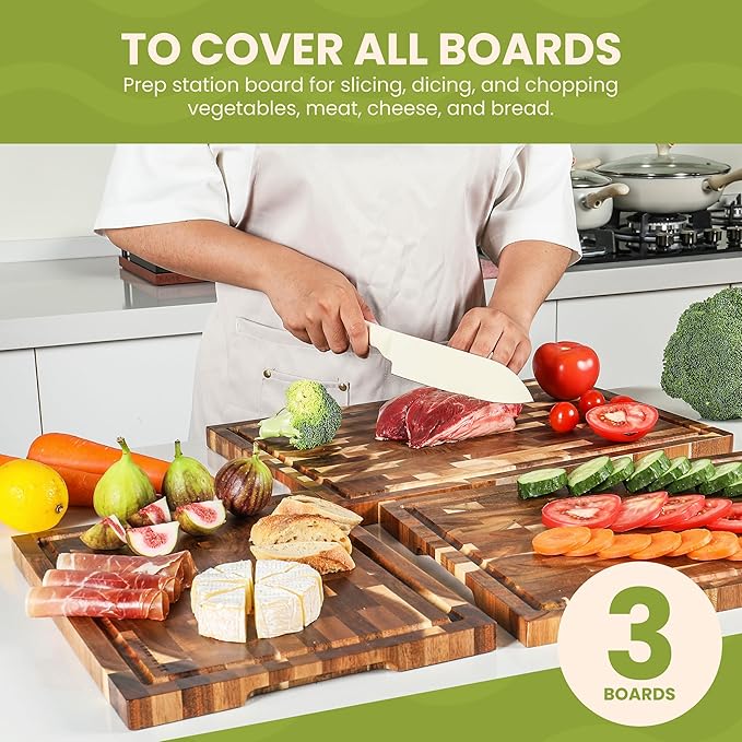 Kitchen Nook Acacia Wood Cutting Board Set - 3 Piece Acacia Cutting Board with Holder, Knife Friendly, Dual Sided, Built-in Handles, & Juice Grooves | 13, 15, & 17 Non Toxic Cutting Boards for Kitchen