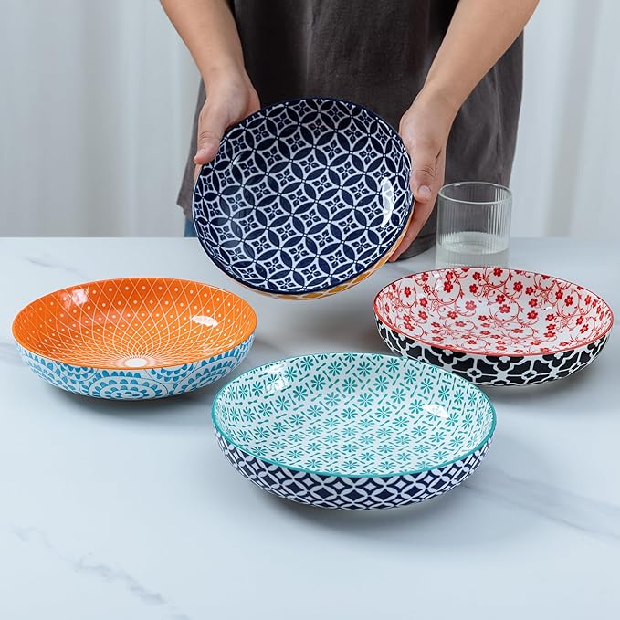 LEHAHA Porcelain Pasta Bowls, 32oz Ceramic Dinneware Dinner Bowls Set of 4, Large Colorful Wide and Shallow Salad Serving Bowls for Kitchen, Dishwasher & Microwave Safe, Multicolor